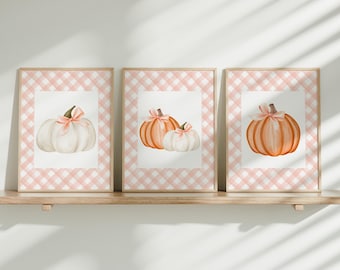 Set med 3 rosa pumpatryck, Pumpa babydekor, Höstdekor rosa barnrum, Digital höstväggkonst, Rosa höstdekor