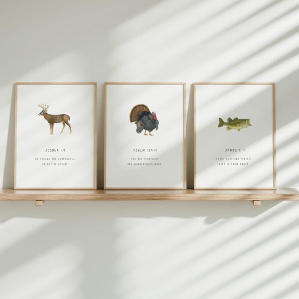 DIGITAL DOWNLOAD Boys Hunting Nursery Wall Art, Set of 3 Buck Gobbler Bass Bible Verse Art, Deer Turkey Fish Baby Decor, Hunting Baby Shower