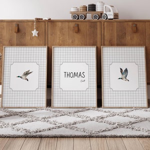DIGITAL DOWNLOAD Personalized name duck baby print, Mallard boy bedroom wall art, Custom hunting decor, Woodland baby shower gift, Set of 3