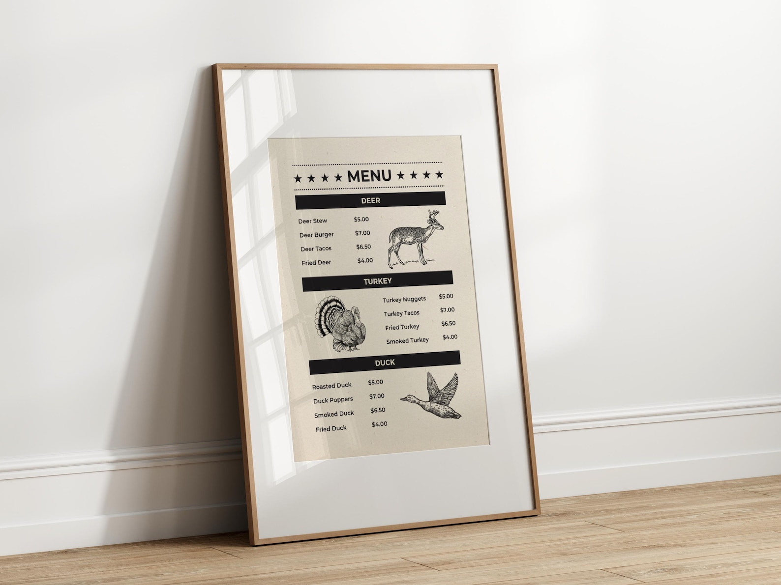 Wild Game Menu Printable, Hunter Menu Digital Art, Rustic Dinner Menu ...