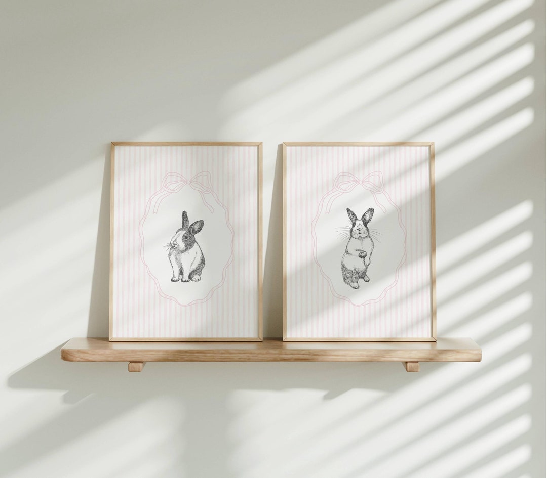 DIGITAL DOWNLOAD Pink Bow Bunny Wall Art, Set of 2, Rabbit Baby Girl ...