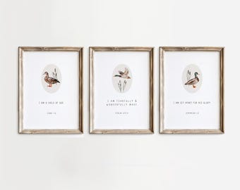 DIGITAL DOWNLOAD, Set of 3, Mallard Duck Nursery Prints, Duck Bible Verse Art, Hunting Nursery, Lucky Duck Birthday, Duck Baby shower