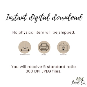 Może przedstawiać: Obraz z tekstem "Instant digital download" i ikonami do pobierania, drukowania i oprawiania. Obecny jest r&oacute;wnież tekst "You will receive 5 standard ratio 300 DPI JPEG files".