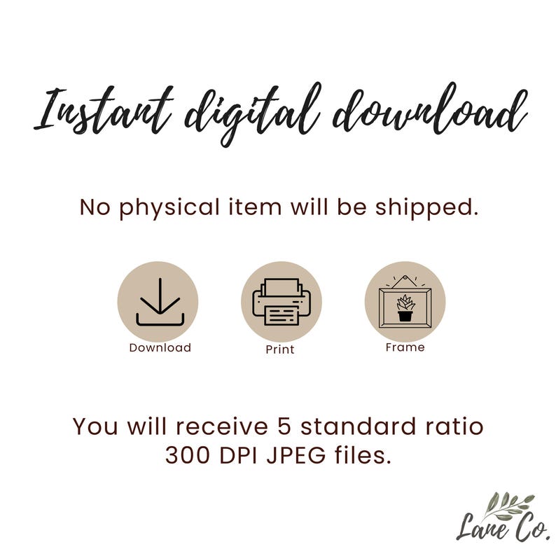 Może przedstawiać: Obraz z tekstem "Instant digital download" i ikonami do pobierania, drukowania i oprawiania. Obecny jest r&oacute;wnież tekst "You will receive 5 standard ratio 300 DPI JPEG files".