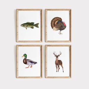 DIGITALER DOWNLOAD 4er Set, Jungen bei der Jagd, Kinderzimmer Dekor, Buck Stockente Fresser Bass Druck, Kinderzimmer Reh Ente Truthahn Fisch, Wildlife Art