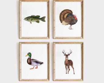 May include: Four framed prints featuring illustrations of wildlife. The top left print shows a bass fish, the top right print shows a wild turkey, the bottom left print shows a mallard duck, and the bottom right print shows a white-tailed deer.