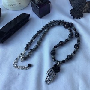 Larvikite Bead Necklace: Skeleton Hand with Black Rose, Goth Witchy Jewelry