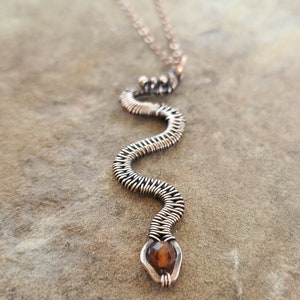 Wire Wrapped Copper Snake Pendant: Garnet Crystal Necklace