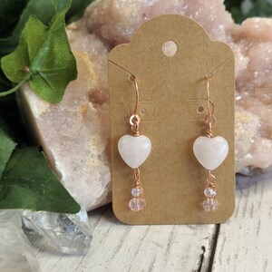 Handmade Rose Quartz Heart Earrings: Copper Wrapped Crystal Dangles