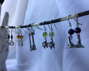 Witchy Dangle Earrings,  Halloween Jewelry, Cauldron Earrings, Broom Earrings, Moon Earrings, Witch Earrings, Halloween Earrings