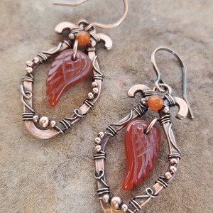 Carnelian Wire Wrapped Earrings, Orange Crystal Jewelry, Carved Crystal Wing, Crystals for Sacral Chakra, Phoenix Jewelry, Summer Solstice
