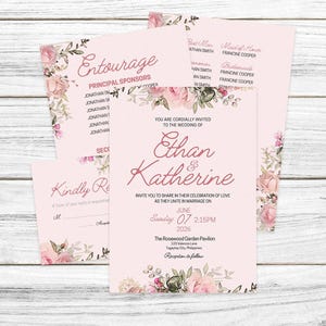 Pink Floral Elegant Wedding Invitation Template Bundle
