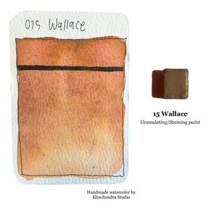 Puede incluir: Una muestra de pintura acuarela de color naranja c&aacute;lido con una l&iacute;nea negra en el medio. La pintura est&aacute; etiquetada como "15 Wallace Granulating/Staining paint".