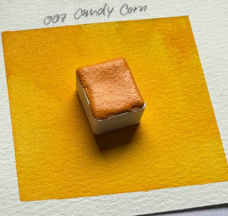 HANDMADE WATERCOLOR PAINT ,007 Candy Corn, Orange Yellow with white shimmer watercolor, Art supplies image 1