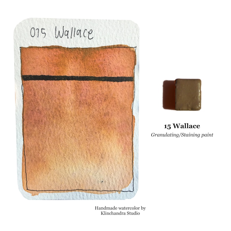 Puede incluir: Una muestra de pintura acuarela de color naranja c&aacute;lido con una l&iacute;nea negra en el medio. La pintura est&aacute; etiquetada como "15 Wallace Granulating/Staining paint".