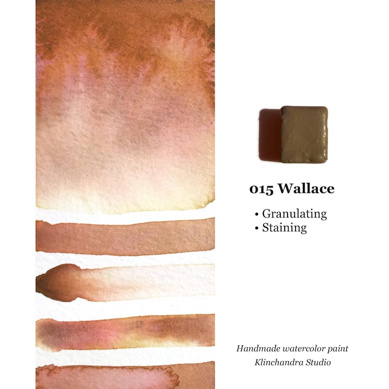 Puede incluir: Una muestra de pintura acuarela de color marr&oacute;n llamada "Wallace" con una descripci&oacute;n de la pintura como "Granulante" y "Te&ntilde;idora". La pintura est&aacute; hecha a mano por Kinchandra Studio.