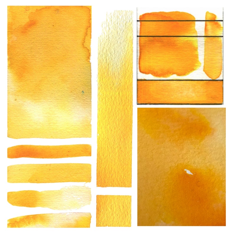May include: A collection of watercolor swatches in various shades of yellow. The swatches are arranged in a grid pattern and show the different shades of yellow that can be achieved with watercolor paint.
