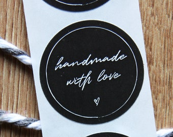 Aufkleber/Etikett "handmade with love" schwarz-weiss mit Herz, Ø4 cm, verschenken, Geschenke Bestellungen verpacken, selbstgemachtes, DIY