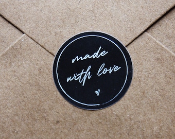 Aufkleber/Etikett "made with love" schwarz-weiss mit Herz, Ø3 cm, verschenken, Geschenke Bestellungen verpacken, selbstgemachtes