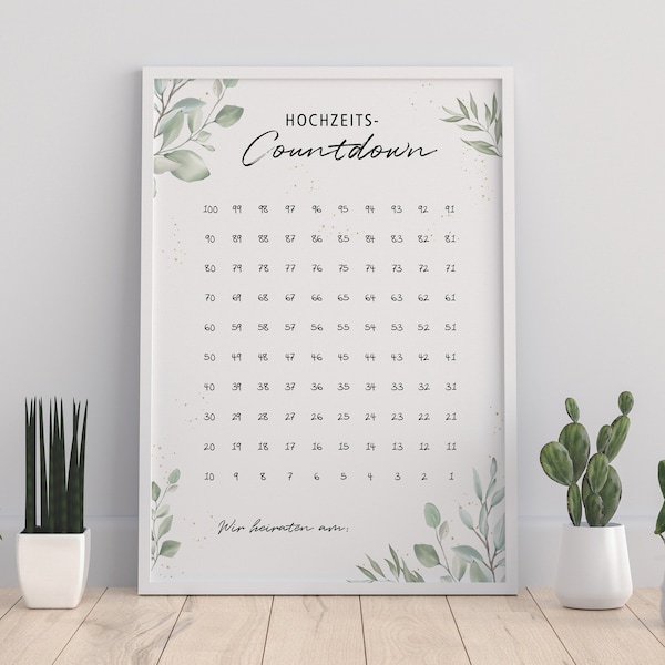 Hochzeitscountdown, 100 Tage bis zur Hochzeit, Verlobungsgeschenk, Vorfreude, A4, Geschenkidee Braut, Greenery