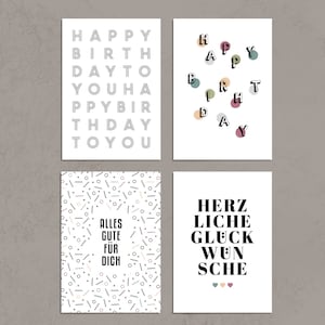 Conjunto de postales de 4 - Colección Cumpleaños y Saludos, tarjeta de cumpleaños, felicitaciones, feliz cumpleaños, examen, compromiso, nacimiento, boda
