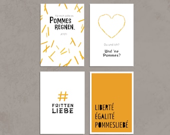 Lot de 4 cartes postales - Collection Pommes / Gourmand / Fan de pommes / Amateur de frites / Frites / Rayons de soleil frits / Pomme de terre