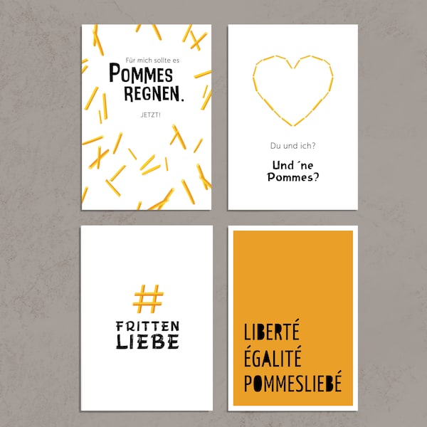 Postkarten 4er Set - Pommes Collection / Foodie / Pommesfan / Frittenliebe / Fries / frittierte Sonnenstrahlen / Kartoffel