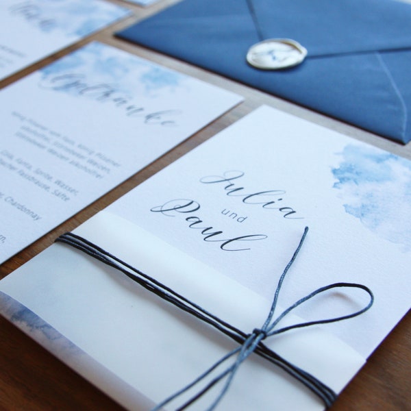 SAMPLE - Wedding Invitation "Blue Watercolor" / Watercolor / Cotton Paper / Calligraphy / Something Blue