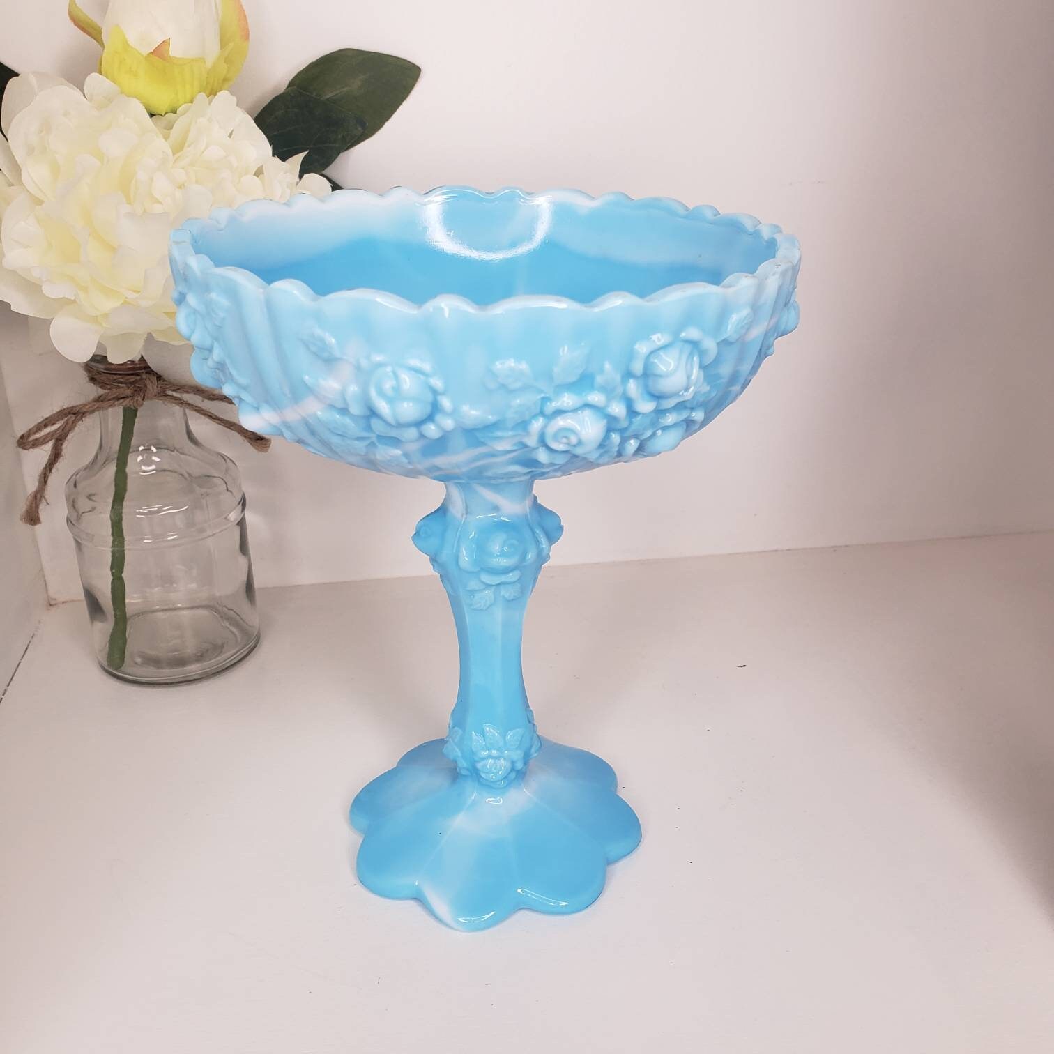 Fenton Blue Slag Pedestal Dish White Milk Glass Vintage White Etsy