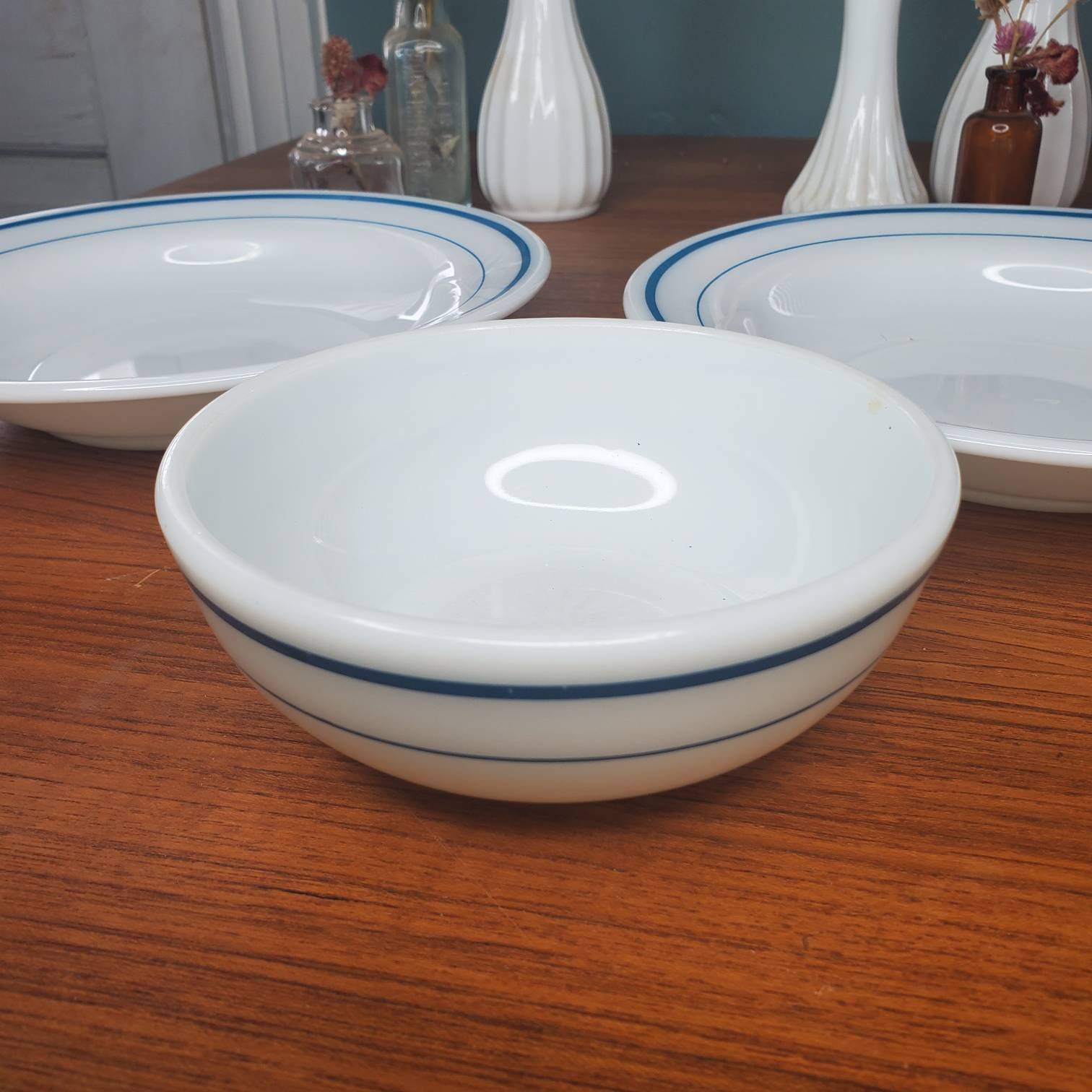 Pyrex Double Banded Striped Blue Cereal Bowl Rimmed Soup Bowl Etsy