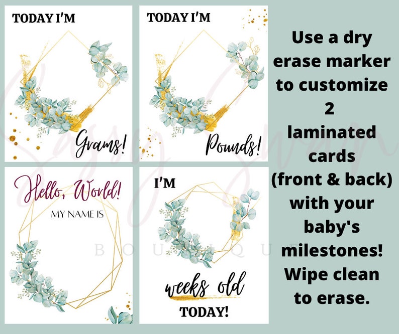 K&ouml;nnte beinhalten: Zwei goldene geometrische Rahmen mit Eukalyptusgr&uuml;n und goldenen Akzenten. Die Rahmen sind leer und k&ouml;nnen verwendet werden, um die Meilensteine eines Babys aufzuzeichnen. Der Text "TODAY I'M" befindet sich oben auf jedem Rahmen. Der Text "Grams!" befindet sich unter dem ersten Rahmen. Der Text "Pounds!" befindet sich unter dem zweiten Rahmen. Der Text "Hello, World! MY NAME IS" befindet sich im dritten Rahmen. Der Text "I'M weeks old TODAY!" befindet sich im vierten Rahmen. Der Text "Verwenden Sie einen Trockenl&ouml;schmarker, um 2 laminierte Karten (Vorder- und R&uuml;ckseite) mit den Meilensteinen Ihres Babys zu personalisieren! Wischen Sie zum L&ouml;schen sauber." befindet sich auf der rechten Seite des Bildes.