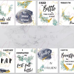 K&ouml;nnte beinhalten: Acht illustrierte Karten mit goldenen Rahmen und Aquarellhintergr&uuml;nden. Die Karten zeigen Text wie "Ich bin Wochen alt heute!" und "Ich habe heute den CPAP abgesetzt!"