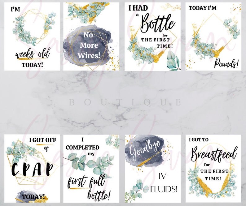 K&ouml;nnte beinhalten: Acht illustrierte Karten mit goldenen Rahmen und Aquarellhintergr&uuml;nden. Die Karten zeigen Text wie "Ich bin Wochen alt heute!" und "Ich habe heute den CPAP abgesetzt!"