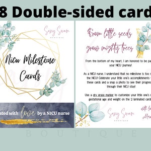 K&ouml;nnte beinhalten: Ein Satz von 18 doppelseitigen Karten, die f&uuml;r Meilensteine in der Neugeborenenintensivstation (NICU) entwickelt wurden. Die Karten zeigen ein Aquarelldesign mit Eukalyptusbl&auml;ttern und goldenen Akzenten. Der Text auf den Karten lautet "From little seeds grow mighty trees" und "NICU Milestone Cards". Die Karten wurden mit Liebe von einer NICU-Krankenschwester erstellt.