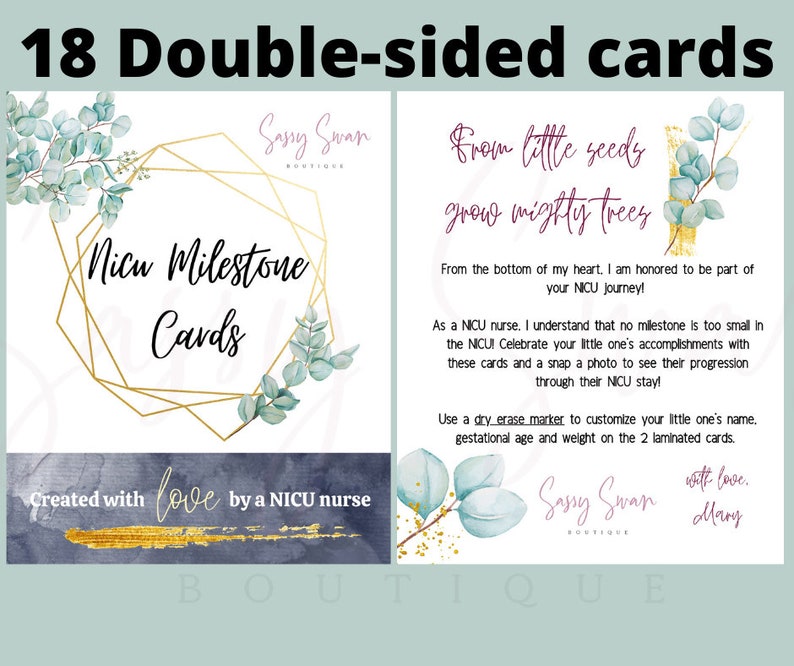 K&ouml;nnte beinhalten: Ein Satz von 18 doppelseitigen Karten, die f&uuml;r Meilensteine in der Neugeborenenintensivstation (NICU) entwickelt wurden. Die Karten zeigen ein Aquarelldesign mit Eukalyptusbl&auml;ttern und goldenen Akzenten. Der Text auf den Karten lautet "From little seeds grow mighty trees" und "NICU Milestone Cards". Die Karten wurden mit Liebe von einer NICU-Krankenschwester erstellt.