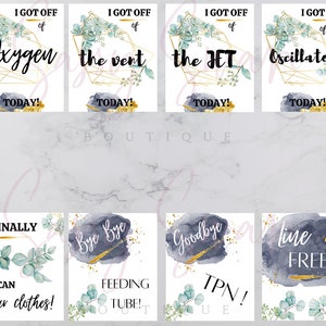 K&ouml;nnte beinhalten: Satz von acht druckbaren Karten mit goldenen geometrischen Rahmen und Aquarell-Gr&uuml;npflanzen. Die Karten zeigen S&auml;tze wie "Ich habe heute den Sauerstoff abgesetzt!" und "Ich kann endlich wieder Kleidung tragen!"