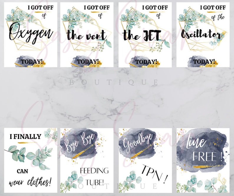 K&ouml;nnte beinhalten: Satz von acht druckbaren Karten mit goldenen geometrischen Rahmen und Aquarell-Gr&uuml;npflanzen. Die Karten zeigen S&auml;tze wie "Ich habe heute den Sauerstoff abgesetzt!" und "Ich kann endlich wieder Kleidung tragen!"