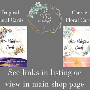K&ouml;nnte beinhalten: Zwei digitale druckbare Karten mit goldenen geometrischen Rahmen und floralen Designs. Die Karten zeigen den Text "NICU Milestone Cards" und "Erstellt mit Liebe von einer NICU-Krankenschwester". Die Karten sind in tropischen und klassischen floralen Designs erh&auml;ltlich.