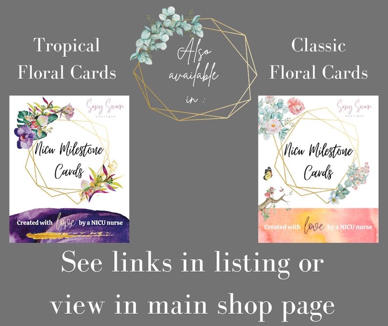 K&ouml;nnte beinhalten: Zwei digitale druckbare Karten mit goldenen geometrischen Rahmen und floralen Designs. Die Karten zeigen den Text "NICU Milestone Cards" und "Erstellt mit Liebe von einer NICU-Krankenschwester". Die Karten sind in tropischen und klassischen floralen Designs erh&auml;ltlich.