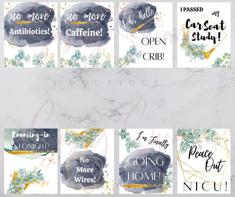 K&ouml;nnte beinhalten: Acht Karten im Aquarell-Stil mit goldenen Akzenten und Gr&uuml;npflanzen. Die Karten zeigen S&auml;tze wie "Keine Antibiotika mehr!" und "Tsch&uuml;ss, Neugeborenen-Intensivstation!"