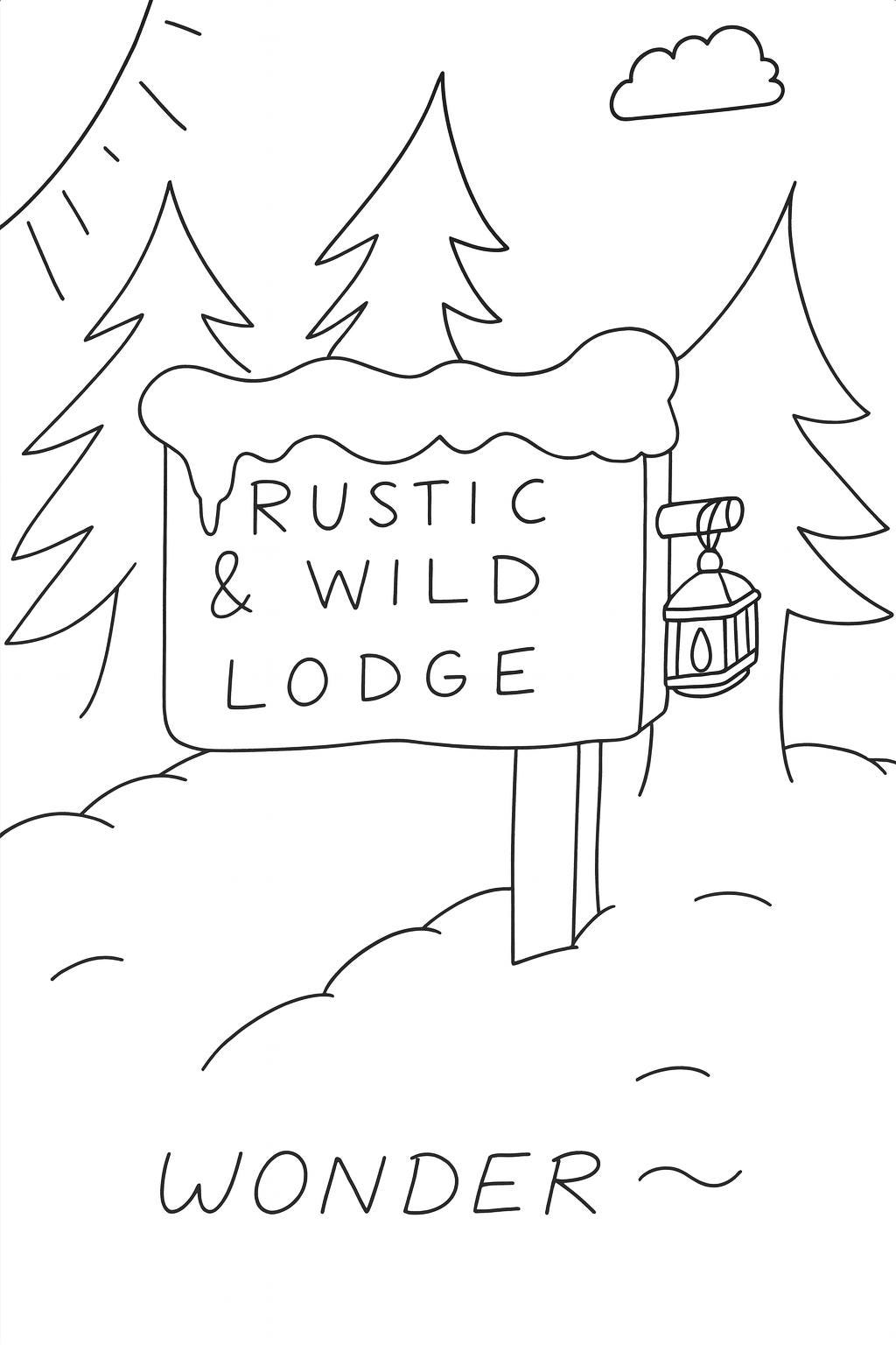 Rustic Lodge Sign Coloring Page | Mountain Landscape, Lantern, Trees ...