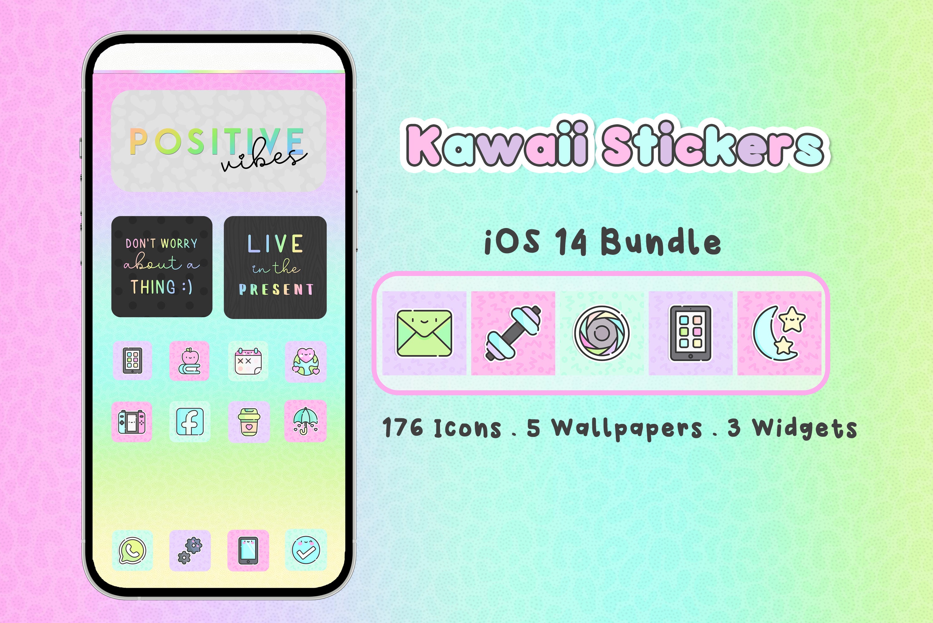 Kawaii Stickers iOS 14 Bundle Icons Wallpapers Widgets Cute Etsy