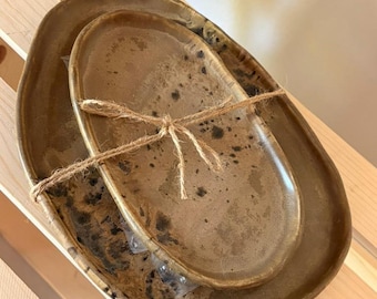 Oval Nesting Plate Set - Brown Leather Glaze