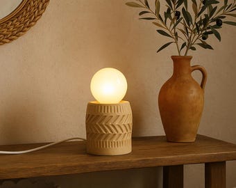 Handmade Dimmable Ceramic Lamp - Carved Warm Beige with Opal Bulb