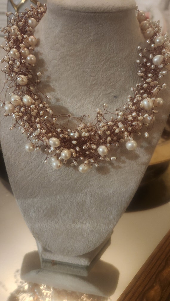 Vintage Floating Bridal White Pearl Necklace, Wed… - image 1