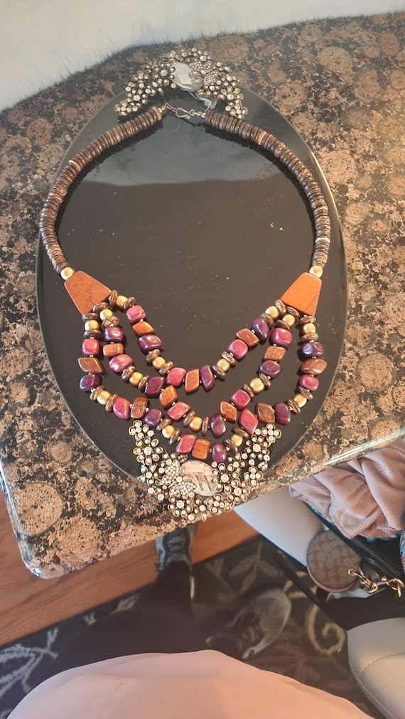 Wood Beaded Vintage Orange, Pink and Brown Necklac