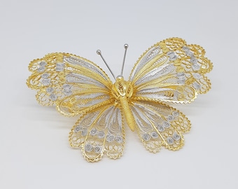 Papillon bicolore - Broche de filigrane argentée