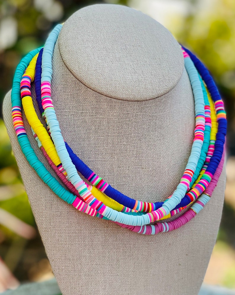 boho necklace gift for her heishi bead necklace women\u2019s beaded necklace,rainbow color necklace Colorful surfer necklace