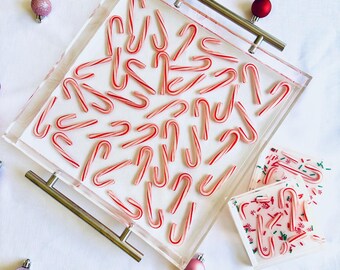 Candy Cane Acrylic Serving Tray and Coaster Set, Holiday Serving Tray Set, Gift Idea for Her, Couple and Him
