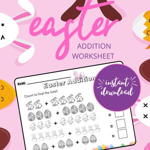 May include: A printable Easter-themed addition worksheet for children. The worksheet features black and white illustrations of bunnies, chicks, and eggs. The worksheet has the title "Easter Addition" and instructions to "Count to find the total".